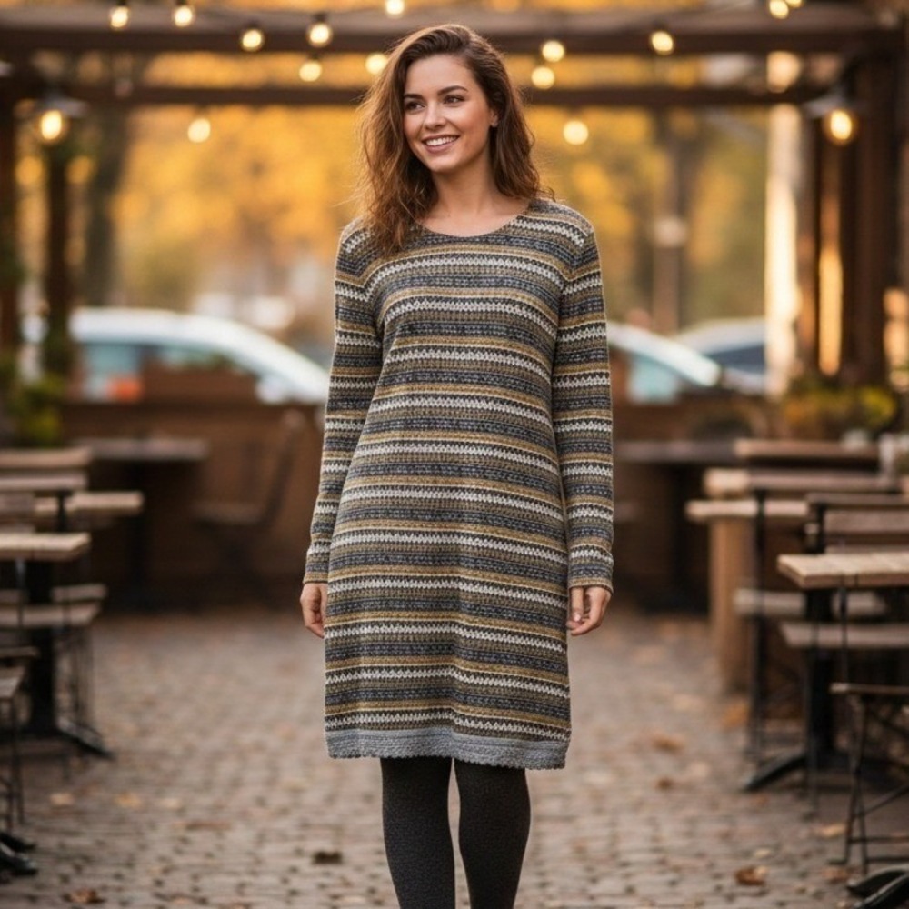 Yak & Yeti Long Sleeve Striped Dress Size M Retro Pullover Pockets Tunic Travel